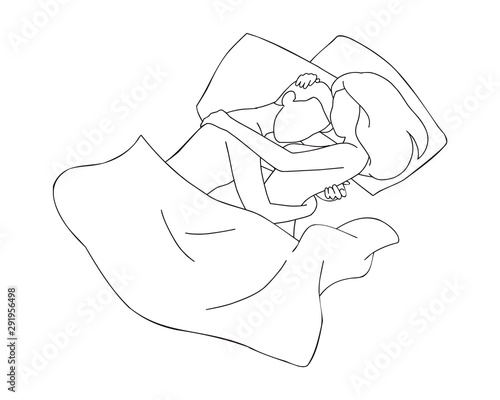 line art loving young couple in bed. vector illustration isolated cartoon hand drawn