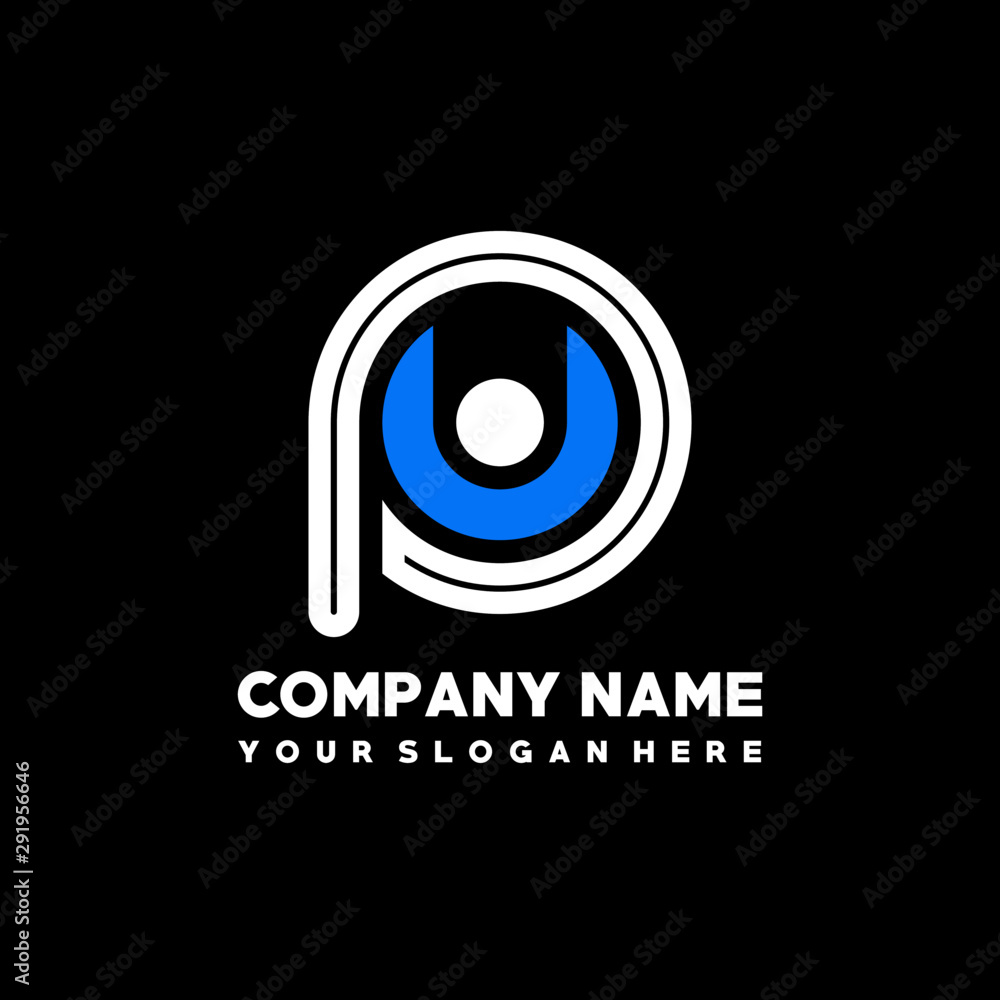 Initial lowercase letter PU, linked circle outline logo elegant, color white, blue on black background Initial lowercase letter PU, linked circle outline logo elegant, color white, blue on black background