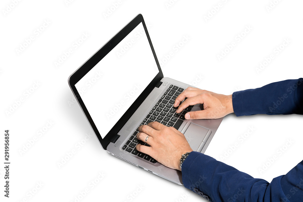 Businessman hands wearing blue suits working on notebook computer isolated on white background. Clipping path include in this image. Businessman hands wearing blue suits working on notebook computer isolated on white background. Clipping path include in this image.