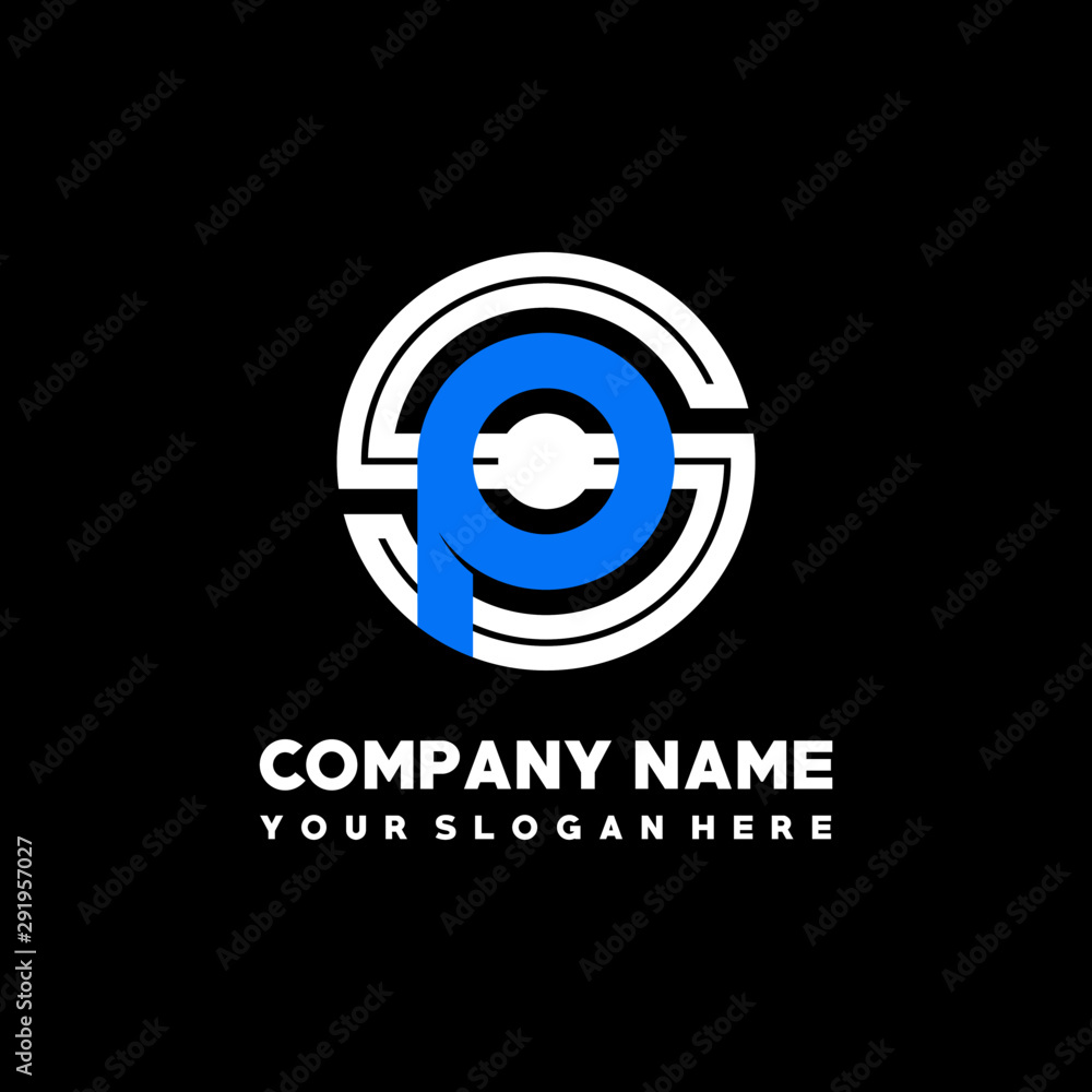Initial lowercase letter SP, linked circle outline logo elegant, color white, blue on black background Initial lowercase letter SP, linked circle outline logo elegant, color white, blue on black background