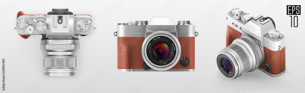 Ultra realistic 3d isometric retro photo camera set. With brown leather part. Top front and 3d view vector illustration - obrazy, fototapety, plakaty 