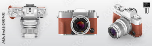 Ultra realistic 3d isometric retro photo camera set. With brown leather part. Top front and 3d view vector illustration