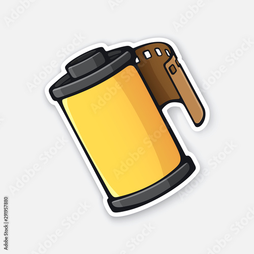 Vector illustration. Photo film in yellow cartridge. Photographic roll film. Sticker with contour. Isolated on white background