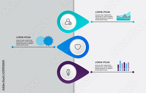 Vector modern infographic flat template pin for three paper label, diagram, graph, presentation. Business concept with 3 options and marks. Blank space for content, step for step, timeline, workflow