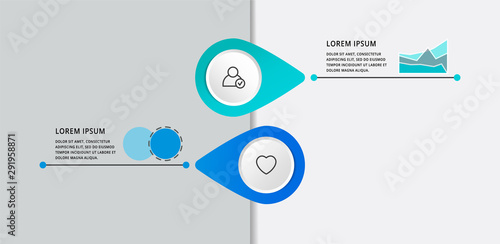 Vector modern infographic flat template pin for two paper label, diagram, graph, presentation. Business concept with 2 options and marks. Blank space for content, step for step, timeline, workflow