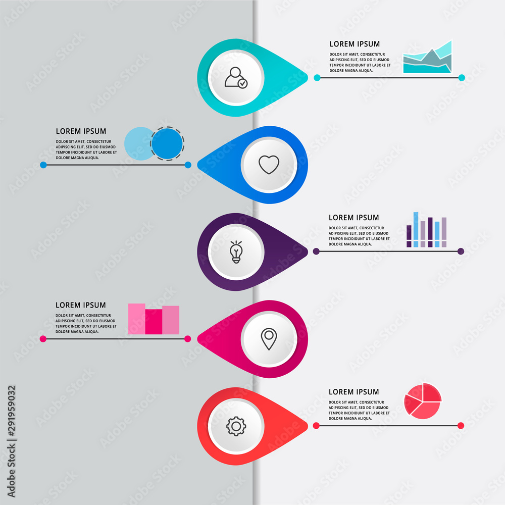 Vector modern infographic flat template pin for five paper label, diagram, graph, presentation. Business concept with 5 options and marks. Blank space for content, step for step, timeline, workflow Vector modern infographic flat template pin for five paper label, diagram, graph, presentation. Business concept with 5 options and marks. Blank space for content, step for step, timeline, workflow