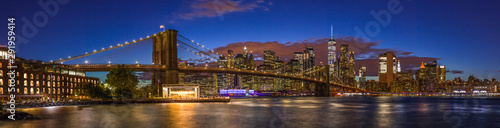 New York City skyline buildings Brooklyn Bridge evening sunset 2019 September