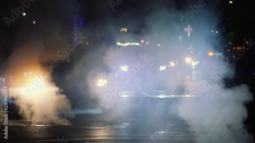 New York City Steam At Night - Extreme Slow Motion Cars Driving Through Smoke
