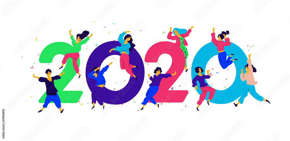 Illustration New Year 2020. Vector. People tweet and have fun around numbers. Youth celebrate Christmas. Employees in the office are going to celebrate. Illustration for the calendar and site. Illustration New Year 2020. Vector. People tweet and have fun around numbers. Youth celebrate Christmas. Employees in the office are going to celebrate. Illustration for the calendar and site.