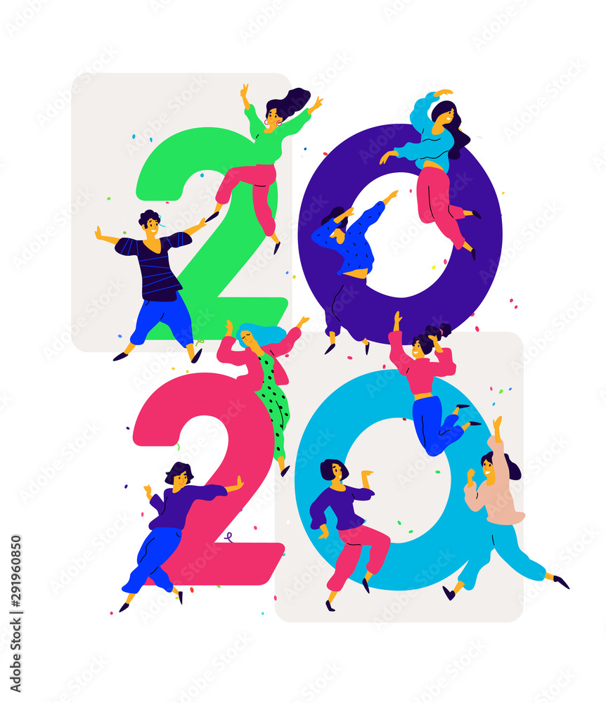 Illustration New Year 2020. People tweet and have fun around numbers. Youth celebrate Christmas. Employees in the office are going to celebrate. Flat style. Illustration for the calendar and site. Illustration New Year 2020. People tweet and have fun around numbers. Youth celebrate Christmas. Employees in the office are going to celebrate. Flat style. Illustration for the calendar and site.