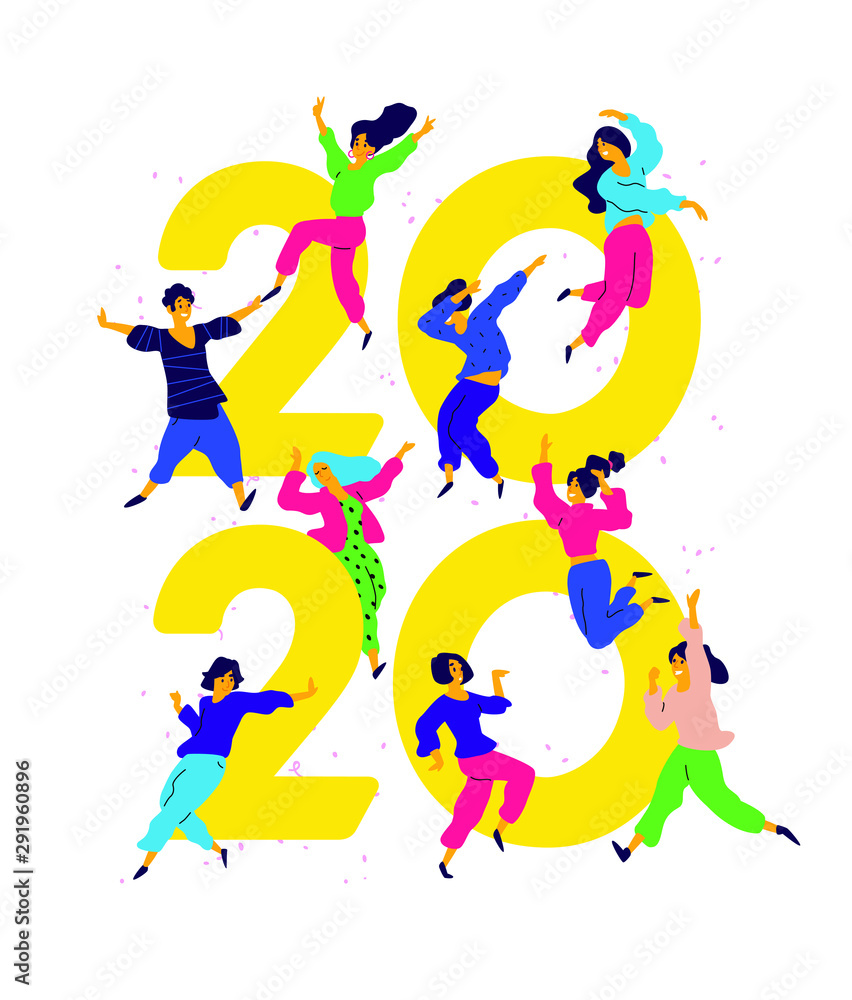 Illustration New Year 2020. Vector. People tweet and have fun around numbers. Youth celebrate Christmas. Employees in the office are going to celebrate. Flat style. 
