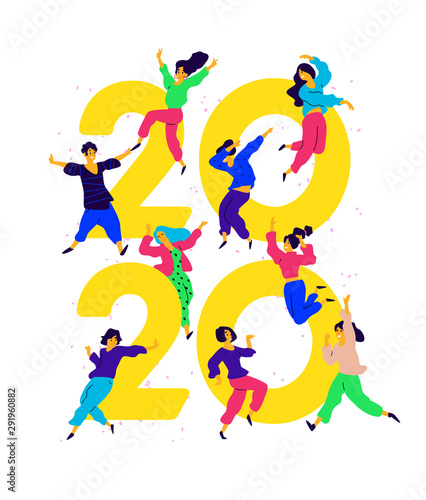 Illustration New Year 2020. People tweet and have fun around numbers. Youth celebrate Christmas. Employees in the office are going to celebrate. Flat style. Illustration for the calendar and site.