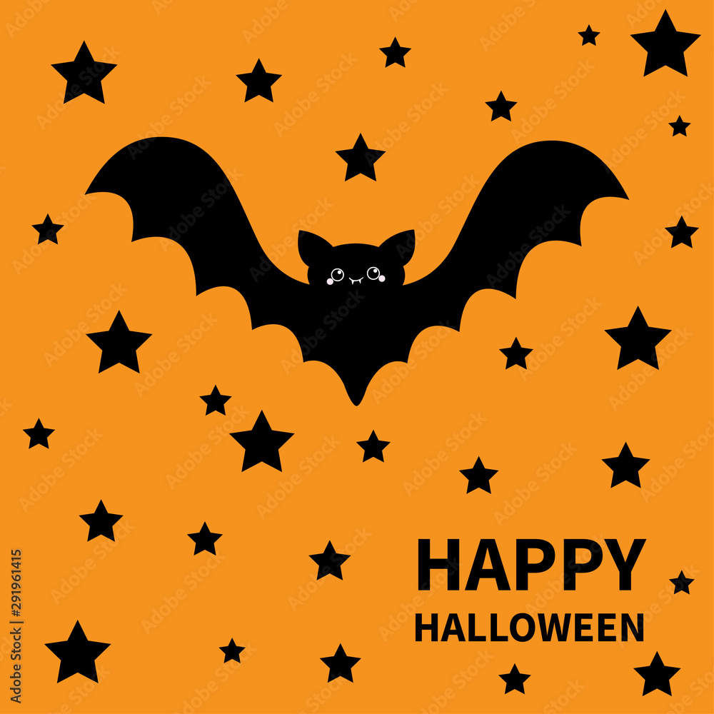 Happy Halloween. Bat flying black stars silhouette icon. Cute cartoon baby character with big open wing, eyes, ears. Forest animal. Flat design. Orange background. Isolated. Greeting card.