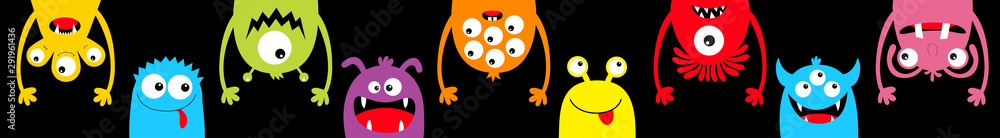 Monster colorful round silhouette icon set line. Happy Halloween. Eyes, tongue, tooth fang, hands up. Cute cartoon kawaii scary funny baby character. Black background. Flat design. - obrazy, fototapety, plakaty 