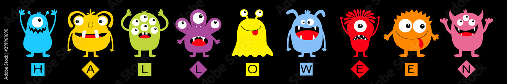 Fototapeta Happy Halloween text. Monster colorful round silhouette icon set line. Eyes, tongue, tooth fang, hands up. Cute cartoon kawaii funny scary baby character. Black background. Flat design.