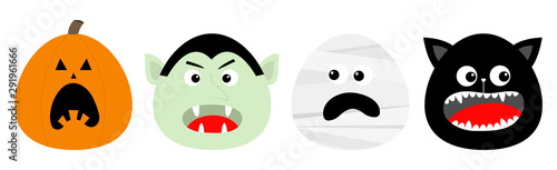 Happy Halloween icon set line. Vampire count Dracula, Mummy, Pumpkin, Cat round face head. Cute cartoon funny spooky baby character. Greeting card. Flat design Orange background.
