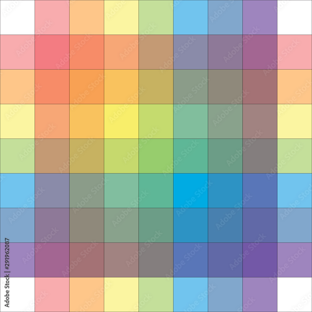 Polychrome Multicolor Spectral Versicolor Rainbow Grid of 9x9 segments. Aquarelle light spectral harmonic colorful palette of the painter.