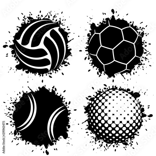 Set of four black grunge ink blots splash with sport balls symbols