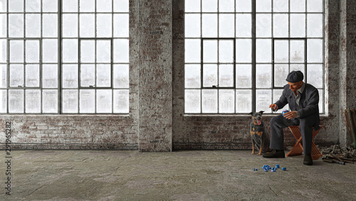 Elderly worker alone in an abandoned industrial building exploding, 3d rendering, 3d illustration