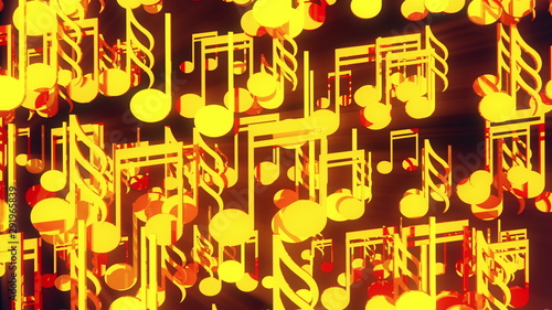 Computer generated 3D rendering. Cluster of many gold musical notes on a black background.