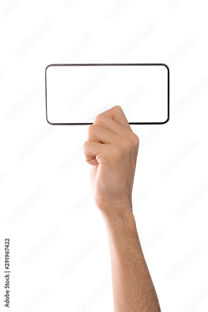 Smartphone with blank screen in horizontal orientation in male hand Smartphone with blank screen in horizontal orientation in male hand