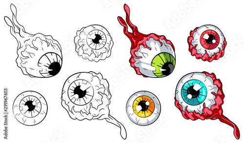Various Eyeballs vector illustration set. Colored and line art versions. For web, clothes and graphic design, prints, posters, cover, package, stickers, cards and party invitations. Halloween design photo