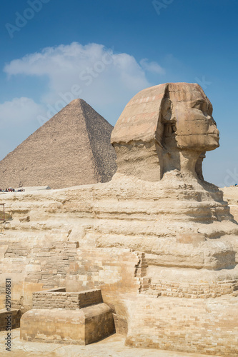 Close up of the great sphinx and the great pyramid in Giza, near Cairo, Egypt