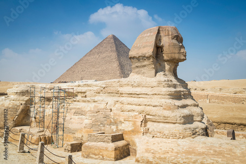 The great sphinx and the great pyramid in Giza  near Cairo  Egypt