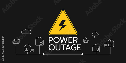 The power outage banner with a warning sign the one is on the solid black background also there are the outline icons of houses connect each other.