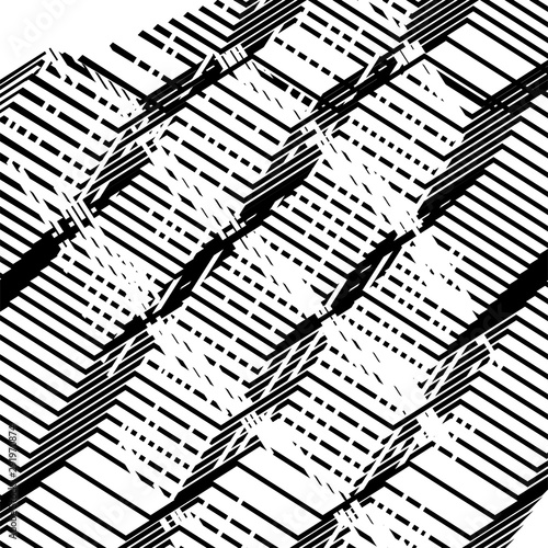 Grayscale / greyscale abstract art with deformed, distorted random, scattered shapes. Distress, mix of random array of abstract shapes. Irregular glitch, noise chaotic texture, pattern 