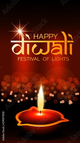 Happy Diwali festival of lights instagram stories template creative vector bokeh background with diya oil lamps