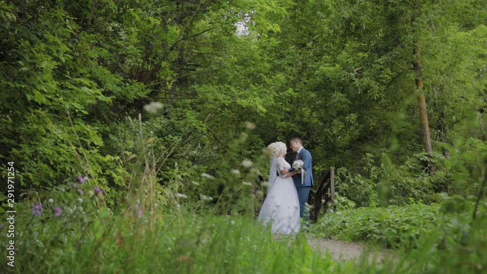 Beautiful bride and groom on an old iron bridge in the forest. Groom caresses his beloved. Beautiful bride and groom on an old iron bridge in the forest. Groom caresses his beloved.