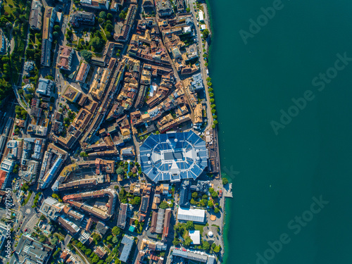 Drone shot of vevey city with stadium