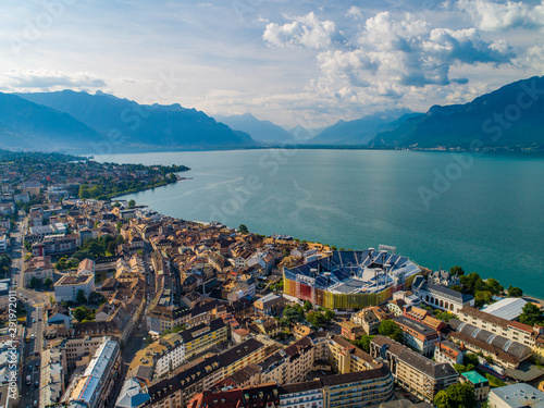 Drone shot of vevey city with stadium