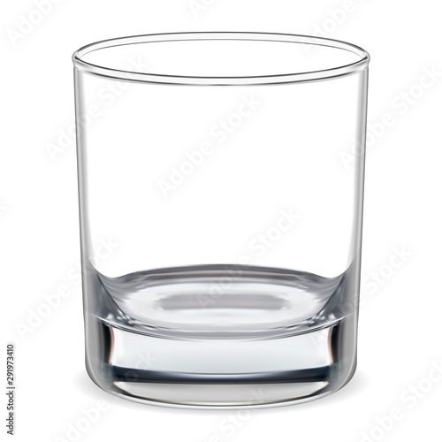 Empty glass. Transparent whiskey glass. Clear glassware for water, brandy, bourbon, rum bar alcohol. Realistic clean and shiny tableware. Crystal bowl illustration for cold mineral aqua