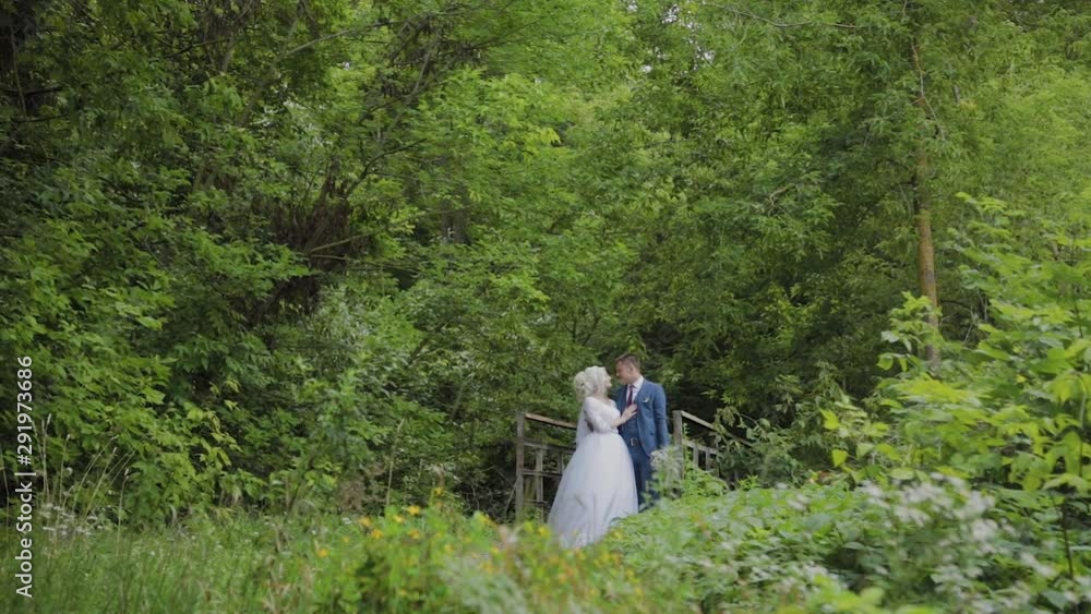 Beautiful bride and groom on an old iron bridge in the forest. Groom caresses his beloved. Beautiful bride and groom on an old iron bridge in the forest. Groom caresses his beloved.