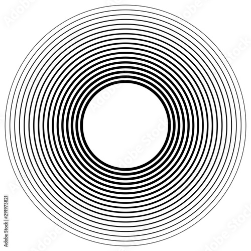 Concentric, radial circle pattern. Radiating spiral. Vortex lines. Rays, beams burst design element. Simple round geometric shape. Merging vortex, ripple lines. Converging rings geometric illustration