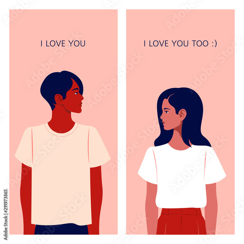 The girl and the guy are looking at each other. Love correspondence. Communication and dating on the Internet. Date. Vector flat illustration
