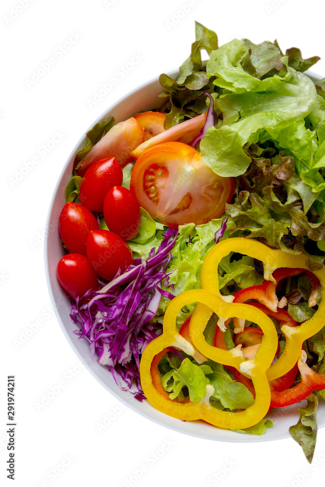 Top view vegetable salad bowl on white background. Top view vegetable salad bowl on white background.