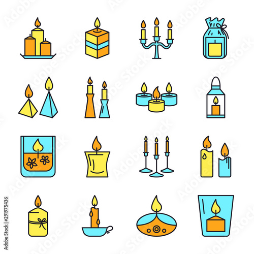 Candle icons set in colored line style
