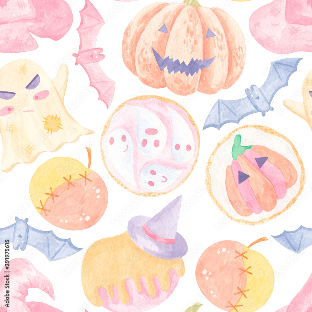 Watercolor cute seamless Halloween pattern with pumpkin, ghost, bat, candy, cookie on white background. Bright cartoon pattern for Halloween