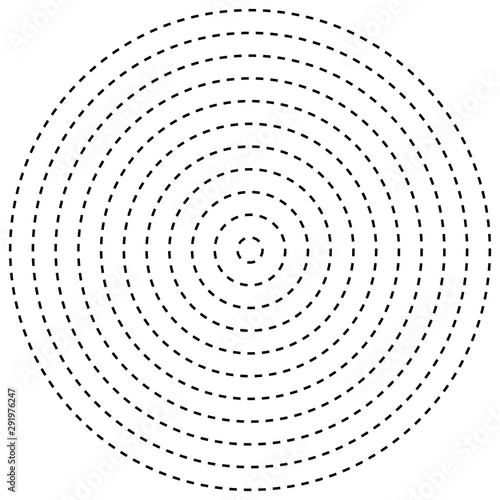 Radial dashed line circles. gap lines Circular, concentric element. Periodic, infrequent lined circles. ripple, emission, vortex and cycle, radiation element. Irregular lines circular geometric circle