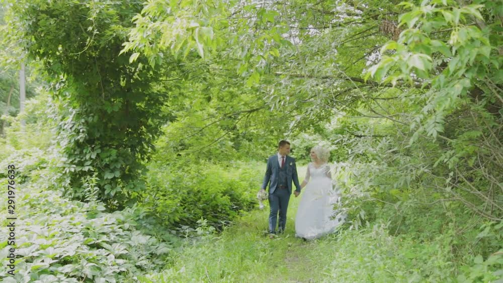 Very beautiful bride and groom hold hands and hug in the forest. Very beautiful bride and groom hold hands and hug in the forest.