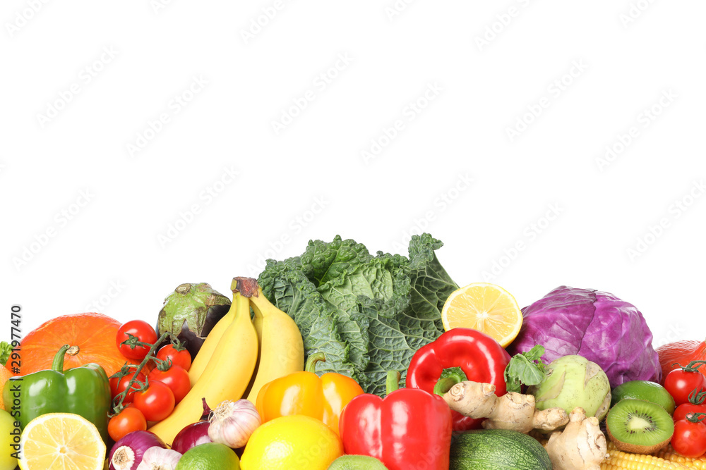 Composition with fresh vegetables and fruits isolated on white background Composition with fresh vegetables and fruits isolated on white background