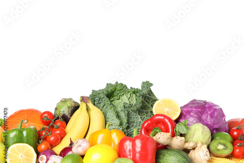 Composition with fresh vegetables and fruits isolated on white background