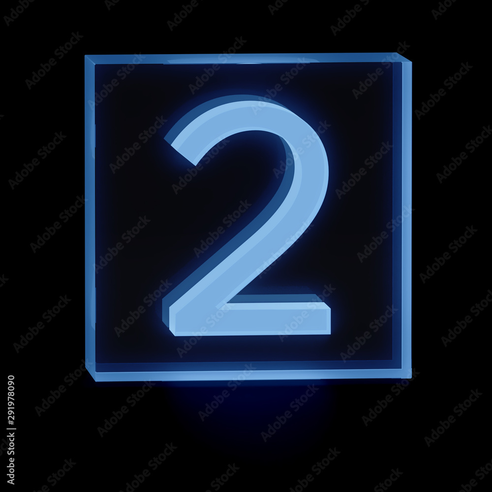 Clear transparent glass or plexiglass display with luminous mathematical digit 2 Two inside on dark background, 3D rendered image Clear transparent glass or plexiglass display with luminous mathematical digit 2 Two inside on dark background, 3D rendered image