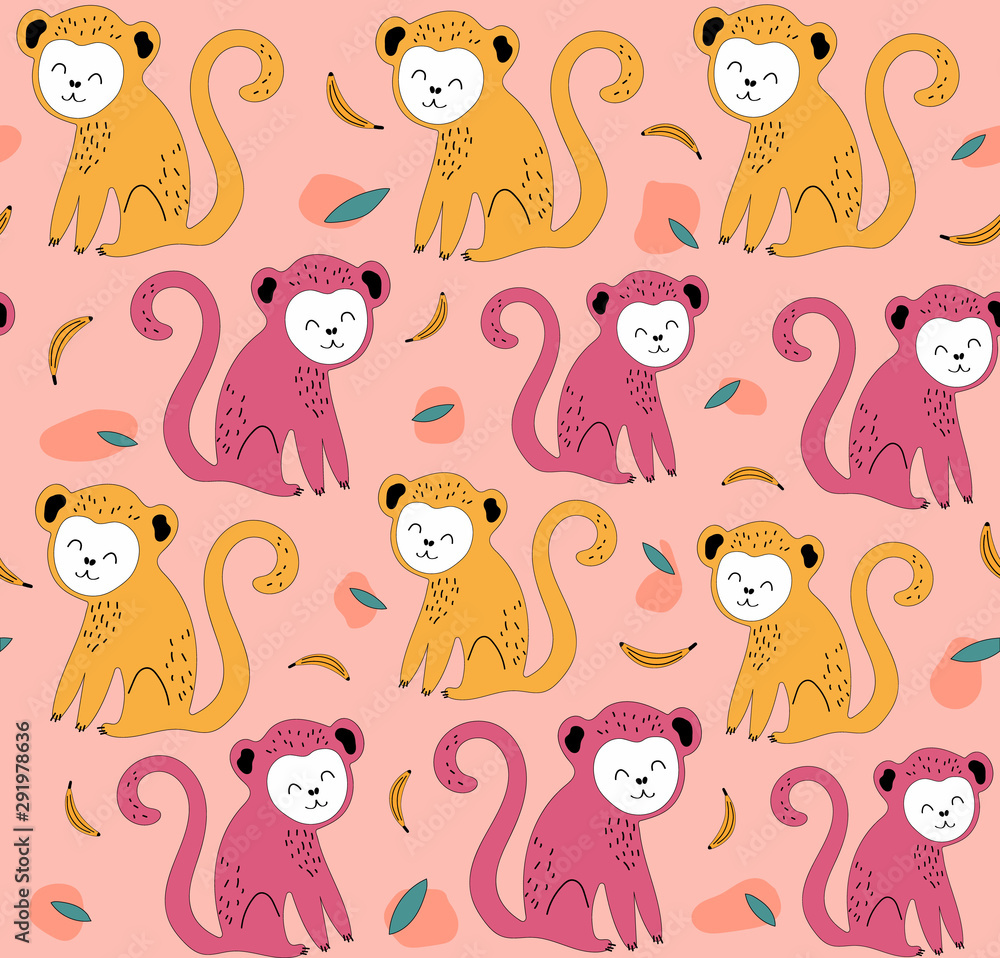Hand drawn seamless background with monkeys and flowers. Pattern with cute design. Scandinavian style design. Vector illustration Hand drawn seamless background with monkeys and flowers. Pattern with cute design. Scandinavian style design. Vector illustration