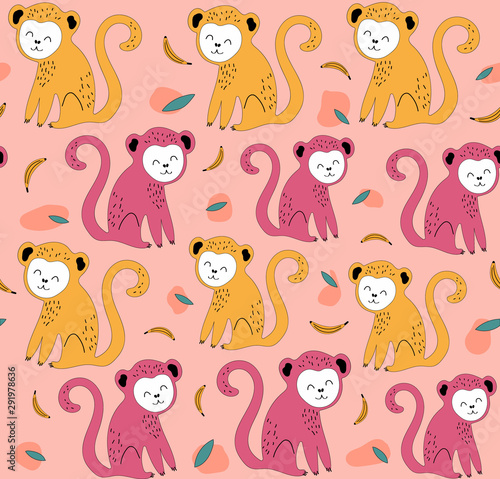 Hand drawn seamless background with monkeys and flowers. Pattern with cute design. Scandinavian style design. Vector illustration