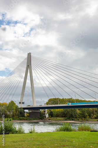 the bridge across the river rhine close to the city of Neuwied with concrete pylon and steel cables