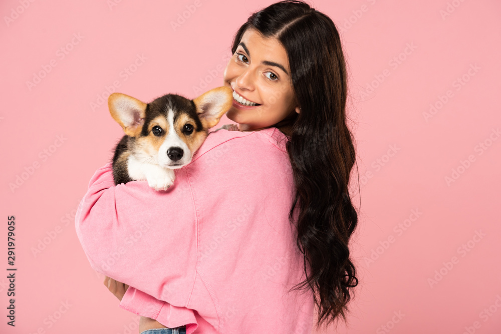 beautiful woman holding Welsh Corgi puppy, isolated on pink beautiful woman holding Welsh Corgi puppy, isolated on pink